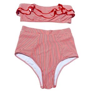 Retro Bandeau Ruffle Striped High Waisted Cheeky Bottom Two Piece Bikini Small